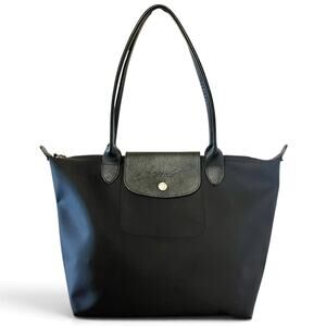 Longchamp Planetes Black Leather Nylon Canvas Medium Tote Bag Pliage Handbag